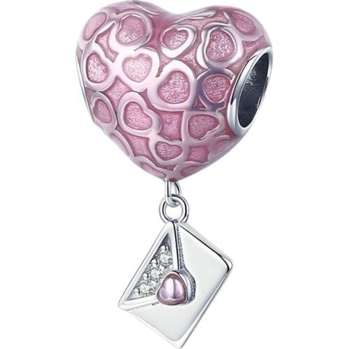 Full Pink Enamel Heart Hot Air Balloon Dangle Fit Original Pandora Charms Bracelet Clear CZ Envelope Beads DIY Jewelry for Women