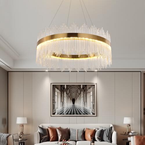 Luxurious Round Gold Metal Led Dimmable Pendant Lights Modern Living Room Led Hanging Lamp Adjustable Suspend Light Fixtures