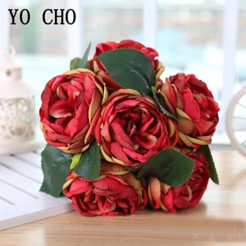 YO CHO 6 Heads Silk Peony Artificial Flowers Bouquet with Leaves Imitation Peony Fake Flores for Wedding Decor Home Hotel Flore