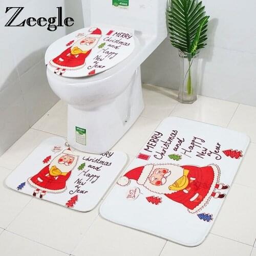 Zeegle Christmas Decoration Bathroom Mat Set Flannel Bathroom Floor Rugs Absorbent Toilet Seat Cover Bathroom Carpet Bath Mats