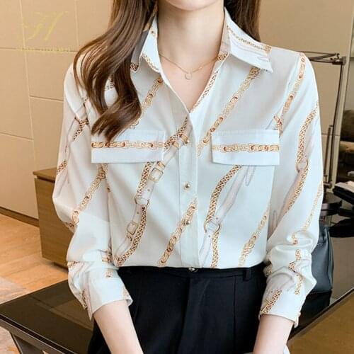 H Han Queen Autumn Elegant Casual Blouses Women 2021 New Korean Style Casual Vintage Printing Shirts Simple Office Wear Work Top