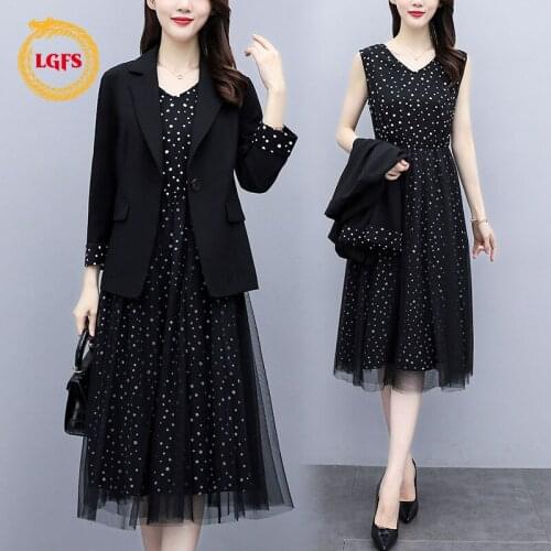 Plus Size Dress Suit Women 2021 Autumn Temperament Slim Slimming Suit Polka Dot Mesh Mid-Length Skirt Two-Piece Skirt Suit