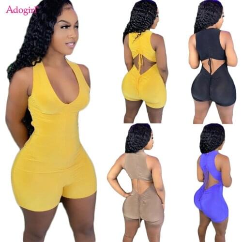 Adogirl Women Solid Drawstring Open Back Tank Jumpsuit Sexy Deep V Neck Sleeveless Skinny Shorts Playsuit Slim Romper Overalls