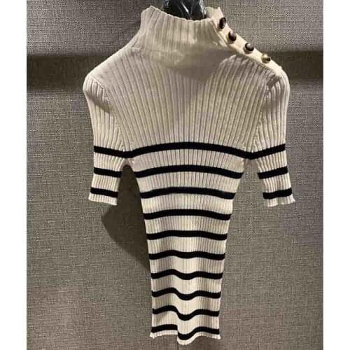 Women Sweater 2021 Early Spring Ladies Turtleneck Knitted Pullover Short Sleeve Striped Tight Sweater Ladies Tops