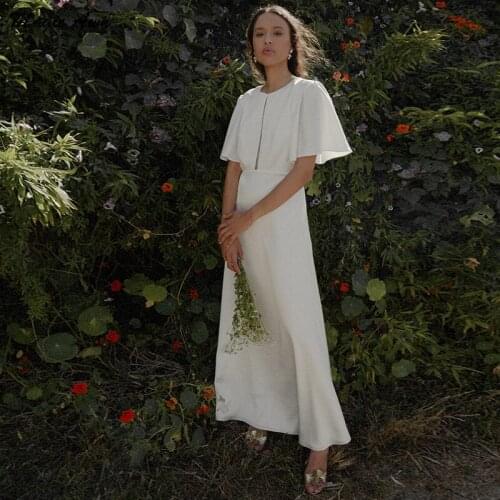 Magic Awn 2021 Bohemian Satin Wedding Dresses Ankle Length Half Sleeves Simple Backless Cheap Bridal Gowns Robe De Mairee