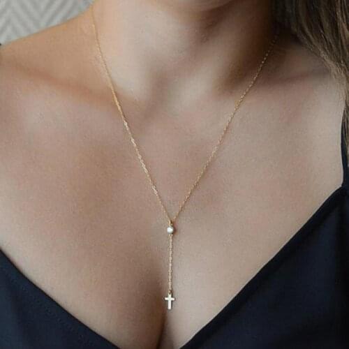 Women Long Pendant Necklace Small Cross Chain Necklace Y Style Lariat Crystal Necklaces Delicate Minimlaist Gift
