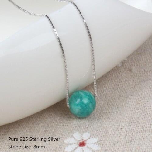 Buyee 100% 925 Sterling Silver Simple Necklace Chain Women 8mm Natural Amazonite Bead Pendant Necklace for Women Fashion Jewelry