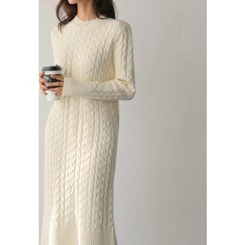 White Solid Winter Thick Casual Autumn Pollover Sweater Dress Women Clothes 2021 Warm Knitted Jumper Dresses Korean Woman New