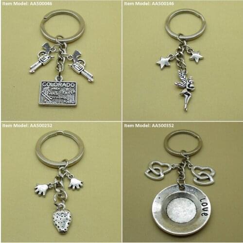 Keychain Keyring Tags Map Colorado Gun Revolver Angel Fairy Star Pentagram Strawberry Fruit Palm Hand Child Plate Love Hearts