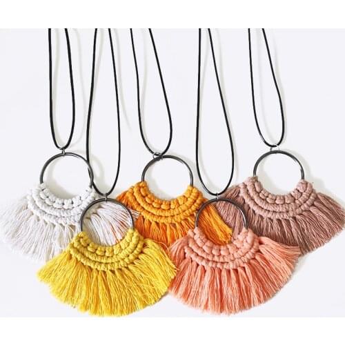 Macrame Hand-Woven Tassel Pendant Necklace Long Bohemian Ethnic Style Fashion Multi Colors Big Fringed Geometric Sweater Chain