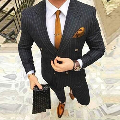 Black Business Pinstripe Mens Suits Formal Double Breasted Jackets With Pants Slim Fit Stripe Formal Prom Party Groom Tuxedos
