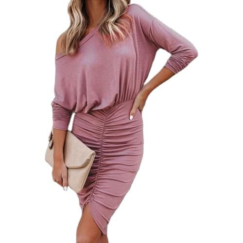 Elegant Women Bodycon Dress Solid Color Off Shoulder Dress Women Slash Neck Patchwork Dress Party Vestidos
