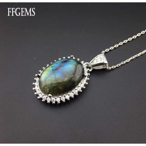FFGems Natural Labradorite big Oval gemstone special Silver Pendant Necklace white Gold Women Fine Jewelry Party Wedding Gift
