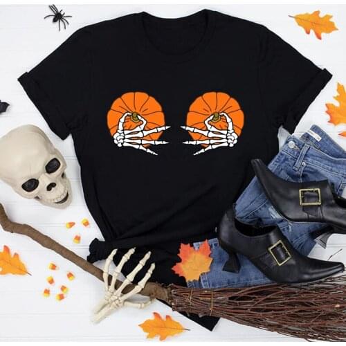 Halloween Pumpkin Boobs Colored T-shirt Funny Skeleton Boobs Top Tee Shirt Women Spooky Holiday Fall Tshirt
