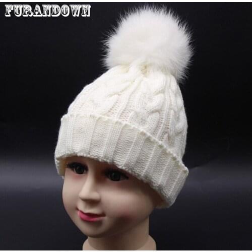 Fox Fur Pompom Hat Wnter Hat For Kids Warm Twist Knitted Beanie Children Pom pom Hat Baby Girls Winter