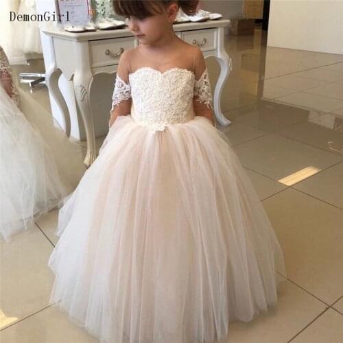 Cute Lace Appliques Flower Girl Dresses Illusion Sheer Neck Long Sleeves Ball Gown First Communion Dress