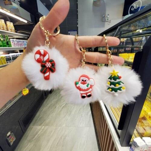 Cartoon Christmas Hair Ball Keychain Cute Elk Santa Christmas Tree Pom Pom Car Keyring Bag Plush Pendant Gift Jewelry Wholesale