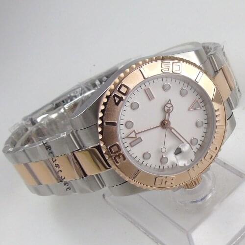 40MM Sterile White Dial Sapphire glass Date Steel Bracelet Rose Gold Plated GMT Automatic Movement Mens Watch