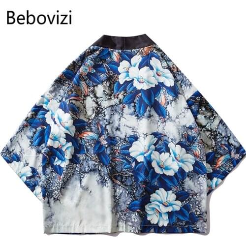 Bebovizi Japanese Style Flower Full Printed Kimono Jackets 2019 Mens Harajuku Streetwear Japan Jacket Coat Loose Thin Robe