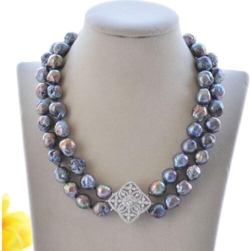 P7527 2Row 14mm Almost-Round Peacock-Black Edison Keshi Pearl Necklace CZ Choker Women jewelry