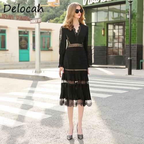 Delocah Spring Women Fashion Runway Party Midi Dress Lantern Sleeve Lace Hollow Out High Waist Elegant Ladies A-Line Dresses