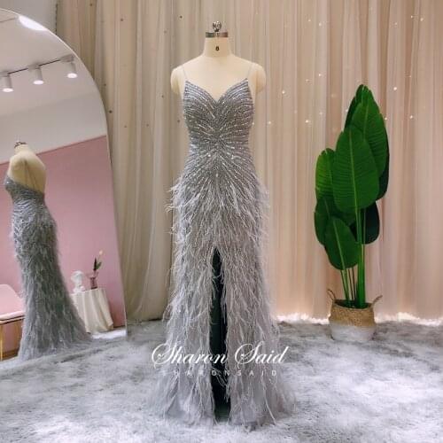 Sexy Silver Mermaid Feather Prom Dresses with Straps Split Backless Luxury Dubai Evening Gown Burgundy Arabic Formal Party Dress