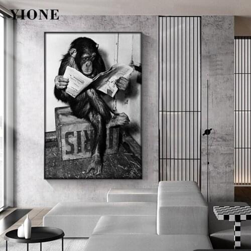 Modern Funny Animal Chimpanzee Reader Canvas Painting Black and White Picture Print Wall Art Poster for Living Room Bedroom Gift