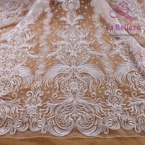 La Belleza new heavy beaded wedding dress lace fabric off white beads sequins lace fabric big flowers pattern lace 1 yard