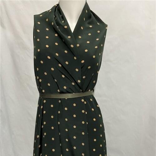 Dark green pure silk crepe de chine fabric with polka dot print 16momme 140cm width,SCDC1244