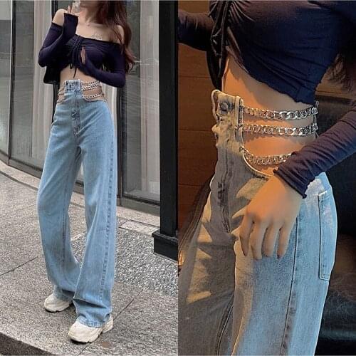 Streetwear Side Cross Chain Hollow Out Wide-leg Pants Womens Jeans High Waist Pants Sexy Elegant Europe Fashion Harajuku Jeans