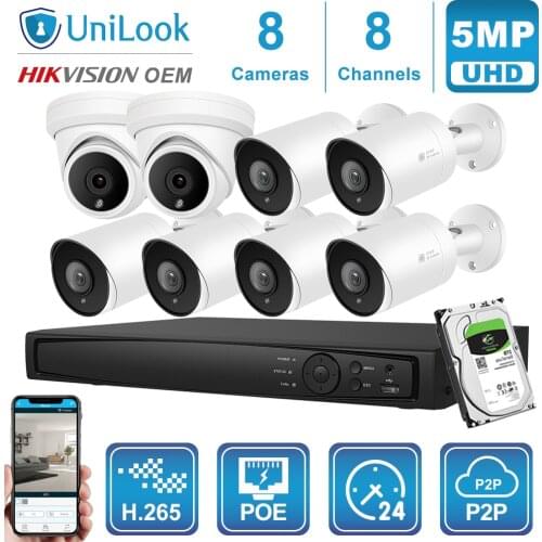 UniLook 8CH NVR 6/8Pcs 5MP Bullet Turret Mixed POE IP Camera Hikvision OEM Outdoor Security System Night Vision Onvif H.265 P2P