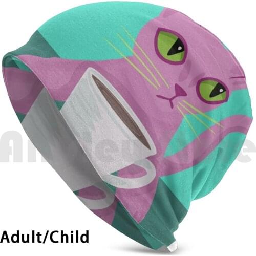 Coffee Cat Beanies Knit Hat Hip Hop Coffee Cat Pink Tea Kitten Kitty Morning Pastel Barista Coffee Shop Cafe Drink