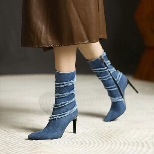 ZawsThia 2021 Brushed Denim Jeans Sexy Slim High Top Woman Shoes Autumn Pointed Toe Thin High Heels Mid-calf Boots Big Size 45