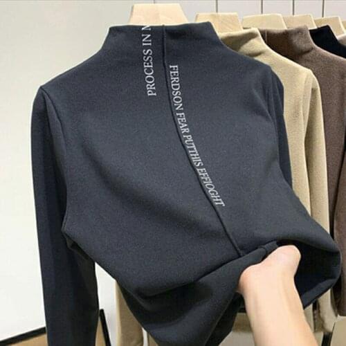 De Velvet Plus Velvet Bottoming Shirt New Wave 2021 Autumn And Winter Half High Neck Long Sleeve T-Shirt Women Fashion Top bts
