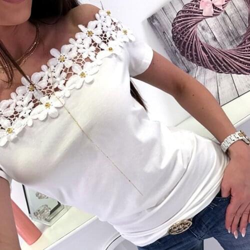 Off Shoulder Tops For Ladies White Clothes Blusas Elegantes Fashion Womens Short Sleeve Lace Hollow Out Casual Shirt Blouse