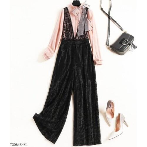 European style 2019 New arrivals summer Spring fashion women clothes solid color blouse + patchwork lace pants casual suit T3064