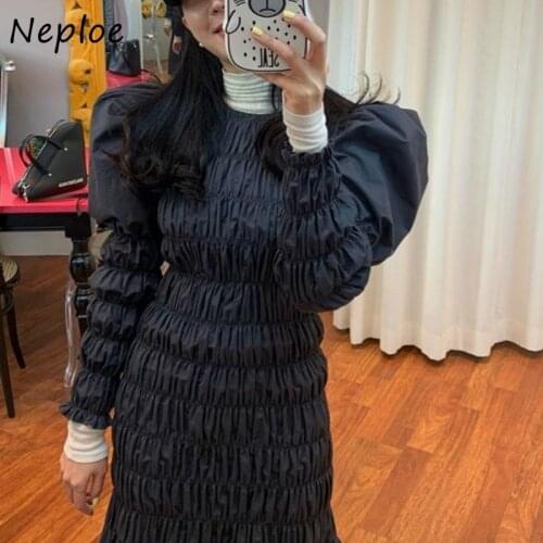 Neploe Chic O-neck Pleated Design Dresses Slim Waist Puff Sleeve Bodycon Women Dress Fashion Solid Color Trumpet Vestidos