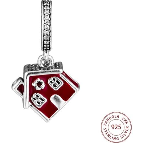 100% 925 Sterling Silver Cosy Christmas House Dangle Charm Beads Fits Original Bracelet Clear CZ & Red Enamel DIY Jewelry Making