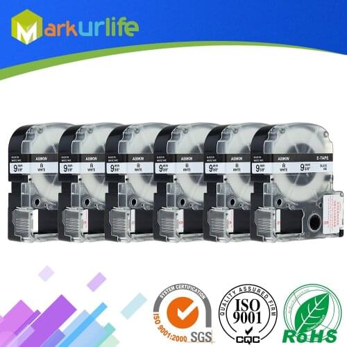 6PCS SS9K SS9KW Compatible for Epson Labelworks LW-300 LW-400 LW-500 LW-600 Label Maker Tape Refill Cartridge Black on White 9mm