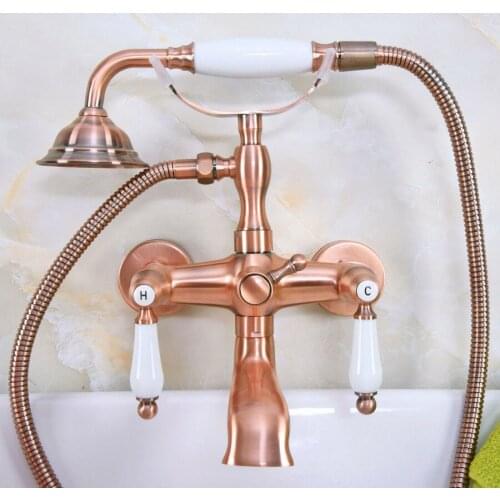 Antique Red Copper Brass Dual Ceramic Handles Wall Mounted ClawFoot Bath Tub Faucet Mixer Tap With Hand Shower Spray mna326
