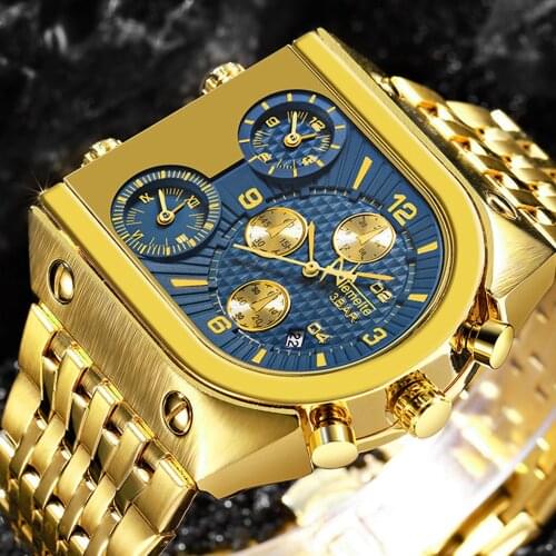 TEMEITE Quartz Golden Mens Watches Top Brand Luxury Stainless Steel Military Big Size Gold Male Wristwatch Relogio Masculino