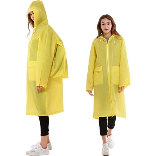 Four colors High quality Waterproof plastic EVA Zipper long men women raincoat Hooded Ladies Backpack pocket Rainwear coats