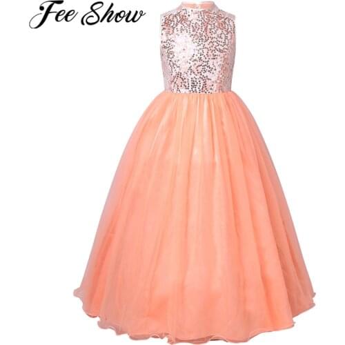 Kids Flower Girls Dress Sequined Sleeveless Princess Party Costume For Girls Formal Elegant Maxi Dress Childs Vestidos De Festa