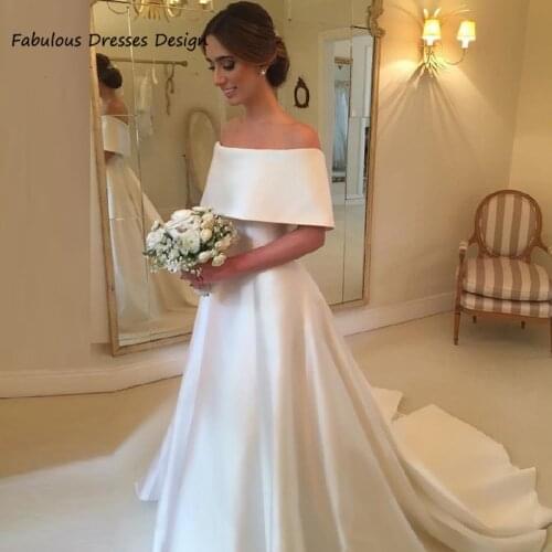 Formal A Line White Wedding Dresses Off Shoulder Boat Neck Sweep Train Bridal Gowns Customize Plus Size Vestidos De Novia