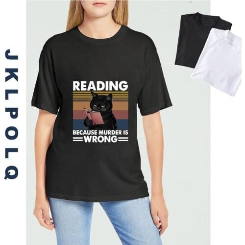 JKLPOLQ Unisex T-Shirt Funny Black Cat Reading Because Murder Is Wrong Vintage Womens Short Sleeve Tshirt 100% Cotton Tops Tee