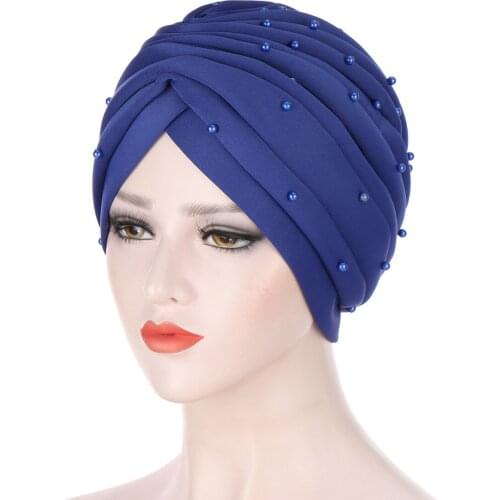Helisopus Women Solid Color Beaded Turban Fashion Muslim Beanies Hats Elastic Ruffle Cotton Chemo Cap New Years Accessories