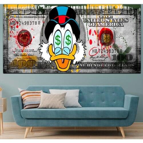 Graffiti Street Art Disney Donald Duck Catoon $100 Money Dollar Canvas Painting Poster Prints Wall Art Picture Living Room Decor