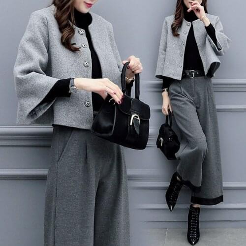 Elegant ladies jacket pants two-piece 2019 new winter casual woolen lady jacket coat female Temperament high waist pants