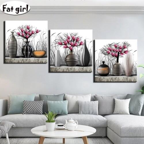 3pcs Still Life Black and white art-5d diy diamond painting flower cross stitch full square round sale Rhinestone drawing kits