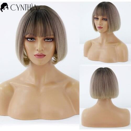 Short Straight Ombre Gold Blonde Daily Synthetic Wigs With Bangs For Black White Women Cosplay Heat Resistant Fiber Hair Wig